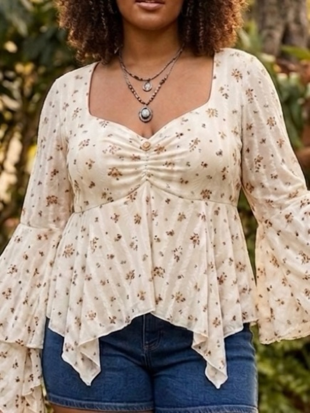 Tilly’s by RSQ Cream Floral Ruched Handkerchief-Hem Blouse. Boho Cottage Fairy